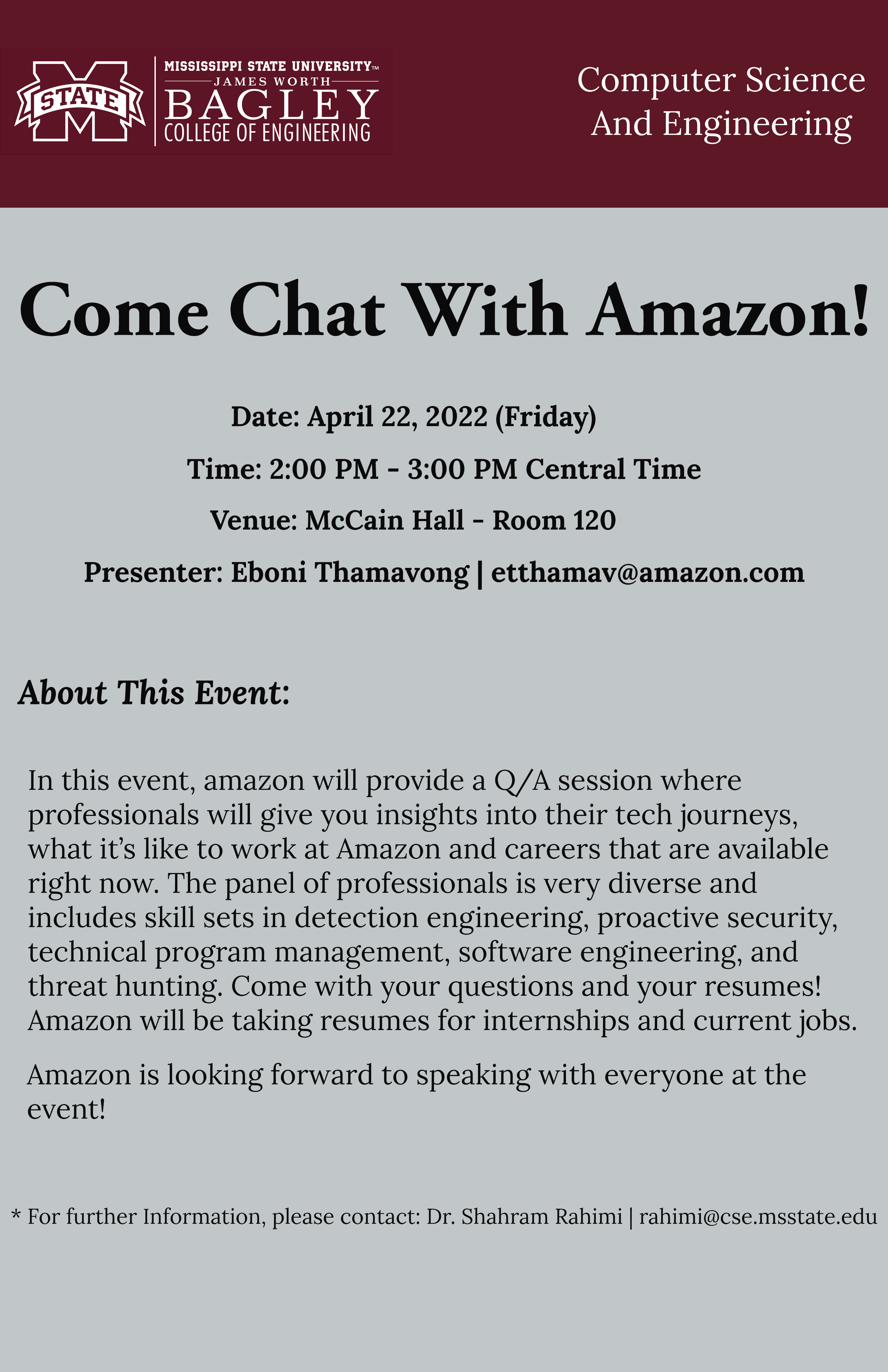 Come chat with Amazon! Friday, April 22 • 2-3 p.m. • McCain 120